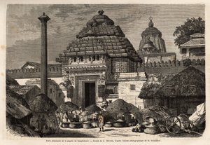 Een populaire wandeling voor de hoofdingang van de Djaghernaut Pagoda (gebouwd rond 1200), een heilige stad en pelgrimsoord in Zuid-Bengalen. Gravure ter illustratie van de reis in de zuidelijke provincies van India, door Alfred Grandidier, in 1862-1864, g