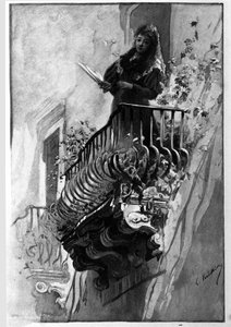 Een mooie vrouw heeft haar bloeiende balkon op een zomeravond in Syracuse. Sicilië Gravure uit de 19e eeuw door Unknown artist