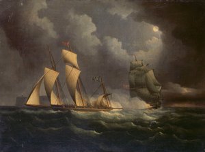 Een smokkelaarssloep achtervolgd door een marinesloep, ca. 1825