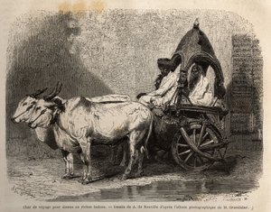 Een reiskar getrokken door twee witte ossen, voor dames of rijke hindoes. Gravure ter illustratie van de reis in de zuidelijke provincies van India, door Alfred Grandidier, in 1862-1864, gepubliceerd in 