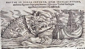 Een walvis verward met een eiland. Twee mensen maken een vuur op de rug van een zeemonster. Gravure in 