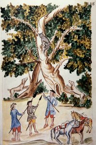 Een wilde kat zit op een boom, jagers wachten erop, uit het boek "Trujillo del Peru" of "Códice Martínez Compañón", door Baltazar Martinez Compañón y Bujanda, bisschop van Trujillo (1782-1785) door Unknown artist