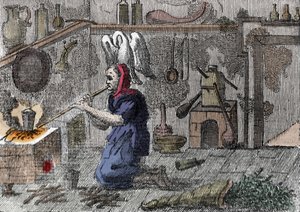 Een heks in haar laboratorium die een magische drank bereidt, rechts een hoorn gevuld met magische kruiden (gravure) door Unknown artist