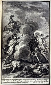 Achilles, bedekt met zijn nieuwe wapens, valt de Trojanen fel aan, stort zich woedend op Hector, die hij op het punt staat te doden, maar Apollo bedekt hem met een dikke wolk om hem van dit gevaar te bevrijden. Illustratie van boek XVII van de Ilias van Ho door Unknown artist