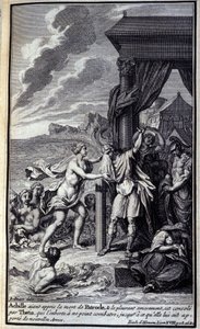 Achilles, die van de dood van Patroclus hoort en bitter om hem huilt, wordt getroost door Thetis, die hem aanspoort niet te vechten totdat ze hem nieuwe wapens brengt. Illustratie van boek XVIII van de Ilias van Homeros, Franse editie door Unknown artist