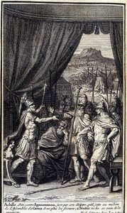 Achilles, boos op Agamemnon, zweert bij zijn scepter die hij in het midden van de Griekse vergadering gooit, hen niet te helpen; en Nestor probeert tevergeefs hen te kalmeren. Illustratie van boek I van de Ilias van Homeros, Franse editie door Unknown artist