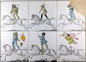 Aerobatiek: Acrobatische oefeningen te paard. Gravure door Unknown artist
