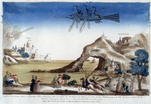 Aerostatische vis opgeheven in Plazentia, Spanje, geleid door Dom Joseph Patinho, vliegend naar de stad Coria aan de oevers van de Arragon rivier (12 leagues van Plazentia) op 10 maart door Unknown artist