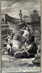 Na een plechtige overeenkomst tussen de Grieken en de Trojanen, gingen Menelas en Paris een enkel gevecht aan. Deze, klaar om te bezwijken onder de slagen van de ander, wordt gered door Venus die Troyes in een wolk wint. Illustratie van boek III van de Ili door Unknown artist