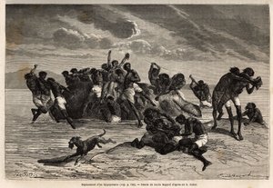Na het nemen van zijn deel en het deel dat aan de leider van de Hamran-stam is toegewezen, vecht de menigte brutaal om de resterende stukken. Gravure ter illustratie van de verkenning van de Abessijnse zijrivieren van de Nijl, door Sir Samuel W. Baker, in