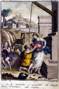Agar bij de bron: ik nader haar en vraag haar om een drankje. Ze zal antwoorden... Gravure uit het begin van de 19e eeuw door Unknown artist