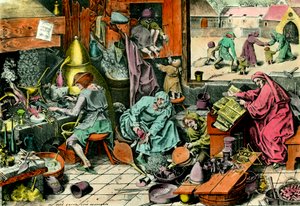 Alchemielaboratorium Een alchemist die een grimoire raadpleegt. Gravure uit de 16e eeuw Privécollectie door Unknown artist