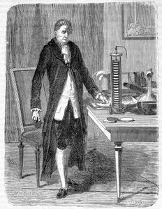 Alessandro (Alexandre) Volta bouwde in 1799 de elektro-motor of elektrische batterij - gravure