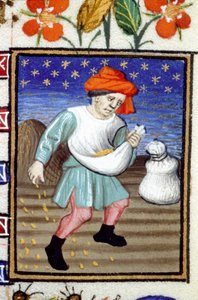 Allegorische voorstelling van oktober. Een boer die graan zaait. Miniatuur van een 14e-eeuws manuscript
