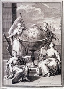 Allegorie van de Verkenning van de Wereld - in "Historical Journey of South America done by Order of the King of Spain", door Don Georges Juan en Don Antoine de Ulloa, Librairie du Roi, Parijs