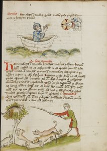 Een oudere man in gebed in een boot; Een kat in een boom waaronder een vos zit door Unknown artist