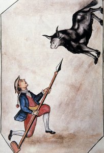 Een Indiaan wijst met zijn speer naar een stier, uit het boek "Trujillo del Peru" of "Códice Martínez Compañón", door Baltazar Martinez Compañón y Bujanda, bisschop van Trujillo (1782-1785) door Unknown artist