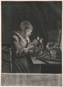 Een oude vrouw repareert haar spinnewiel door Unknown artist
