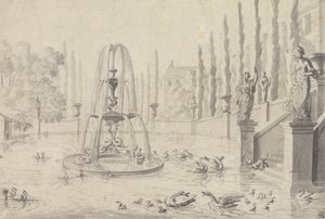 Een sierlijke vijver en fontein door Unknown artist