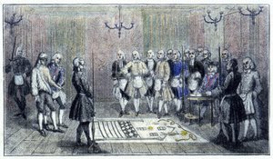 Een leerlingloge in Parijs, circa 1740: deze scène toont de ontvangst van een "leerling" vrijmetselaar (op de vloer het schilderij van de leerlingloge) - volgens een gravure uit die tijd. door Unknown artist