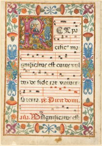 Engel die een instrument bespeelt in een versierde initiaal "R" met flora, fauna en grotesken, uit een antifoon door Unknown artist