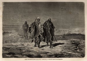 Arabische bedoeïenen, panterhuiden en schapenwolhandelaren, op weg naar de markt van Bagdad (Irak). Gravure ter illustratie van de reis naar Babylon, in 1866, door Guillaume Lejean, in 