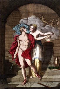 Ariadne geeft Theseus de draad zodat hij uit het doolhof kan komen - in Dizionario mitologico door Unknown artist