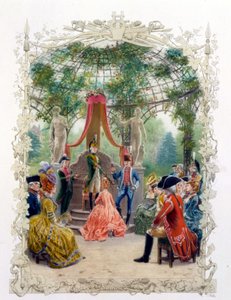 Aristocratische ceremonie in een tuin (het kasteel van Versailles?) in 