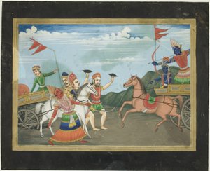 Arjuna doodt Karna, pagina uit een Mahabharata serie door Unknown artist
