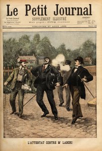 Aanval op Mr Fernand Labori (1860-1917), advocaat in de verdediging van Alfred Dreyfus (1859-1935), geraakt door een kogel in de rug in Rennes terwijl hij op weg was naar de plaats waar de zaak werd berecht. Gravure in 