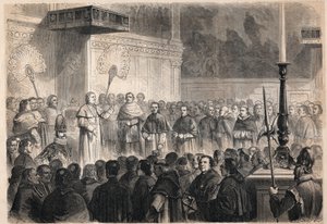 Audiëntie gegeven door paus Pius IX (Pio) (1792-1878) aan buitenlandse geestelijken in de Sixtijnse Kapel (cappella sistina) in Rome ter gelegenheid van de vieringen van de heiligverklaring van de 26 