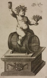 Bacchus op vat, etalagepop om vuurwerk te lanceren, gravure uit Grand Art d