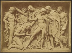 [Bas reliëf van mannen en dood zwijn]. door Unknown artist