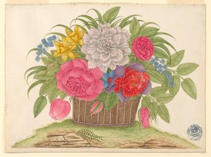 Mand met bloemen en bladeren op de grond