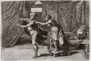 Bijbel van Royaumont, Oude Testament: Kuisheid van Jozef. Jozef wordt verleid door de vrouw van Potifar en in de gevangenis gezet. Illustratie uit 1811.
