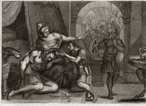 Bijbel van Royaumont, Oude Testament: Dood van Samson. Samson onthult aan Delila dat zijn kracht in zijn haar zit. Ze knipt zijn haar af en brengt de Filistijnse soldaten de kamer binnen. Illustratie uit 1811.
