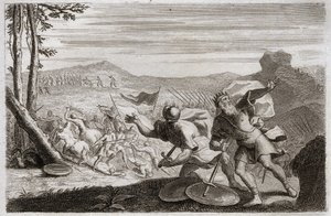 Bijbel van Royaumont, Oude Testament: Nederlaag van Saul. Sauls leger werd verslagen door de Filistijnen. Zijn drie kinderen werden daar gedood, en nadat hij zwaar gewond was geraakt in de strijd, pleegde hij zelfmoord. Illustratie uit 1811. door Unknown artist