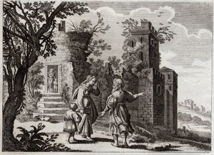 Bijbel van Royaumont, Oude Testament: Ismael jagen. Toen Sarah zag dat Ismael de zoon van Agar (Hagar) de kleine Isaac slecht behandelde, vroeg ze Abraham om haar terug te sturen met haar zoon, zodat Isaac de enige erfgenaam zou zijn volgens de beloften va door Unknown artist