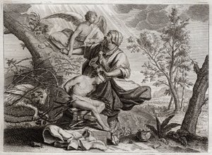 Bijbel van Royaumont, Oude Testament: Offer van Abraham. Een engel houdt Abrahams hand vast voor het offer van zijn zoon Isaak. Links staat de ram die Abraham zal doden. Illustratie uit 1811