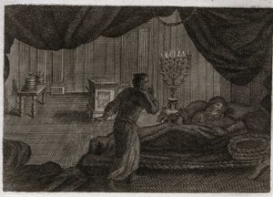 Bijbel van Royaumont, Oude Testament: Samuel geeft Heli. Anna wijdt de kleine Samuel aan de Heer en geeft hem aan de hogepriester Heli. Samuel, die de stem van de Heer hoort die hem midden in de nacht roept, denkt dat het zijn mentor is. Illustratie uit 18 door Unknown artist
