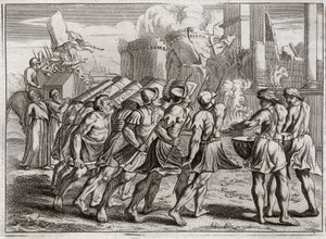 Bijbel van Royaumont, Oude Testament: Inname van Jericho. De muren van Jericho vallen op de grond door het geluid van de trompetten van de priesters die de Ark van het Verbond van de Heer voorafgingen. Illustratie uit 1811. door Unknown artist