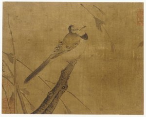 Vogel op een bladloze tak door Unknown artist
