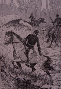 Zwarte speurders achtervolgen struikrovers in Australië (gravure) door Unknown artist