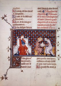 Blanche de Castille, koningin van Frankrijk (1188-1252), leidt de opvoeding van haar zoon Lodewijk IX (1214-1270) (Saint Louis) Miniatuur uit een manuscript “Leven en Wonderen van Saint Louis” door Willem van Saint Pathus. 1320. Parijs, B.N. door Unknown artist