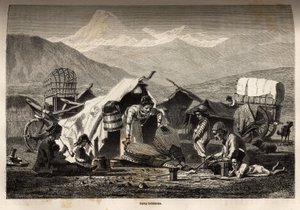 Boheems kamp. Gravure ter illustratie van de reis in de provincies van de Kaukasus, door Basile Vereschaguine, in 1864-1865, gepubliceerd in 