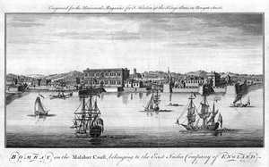 Bombay, haven van de Oost-Indische Compagnie van Engeland aan de Malabarkust van India, met handelsschepen van de Compagnie op de voorgrond en kadepakhuizen en gebouwen op de achtergrond. Koperen gravure, Londen door Unknown artist
