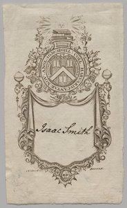 Boekplaat: Wapen met inscriptie Isaac Smith door Unknown artist