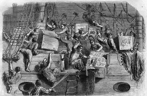 Boston Tea Party. Amerikaanse Onafhankelijkheidsoorlog: opstand van Amerikaanse kolonisten (van Britse oorsprong) tegen belastingen opgelegd door het Engelse Parlement op thee en andere levensmiddelen. Ze verkleden zich als indianen en gooien de lading the door Unknown artist