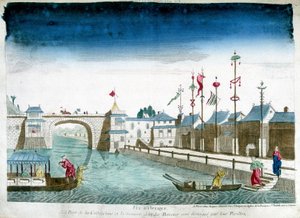 Brug van Cochinchine en boten die de paviljoens verlaten. Gravure uit het einde van de 18e eeuw