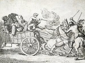 Rovers die passagiers op een kar aanvallen. Gravure door een anonieme 18e-eeuwse kunstenaar.